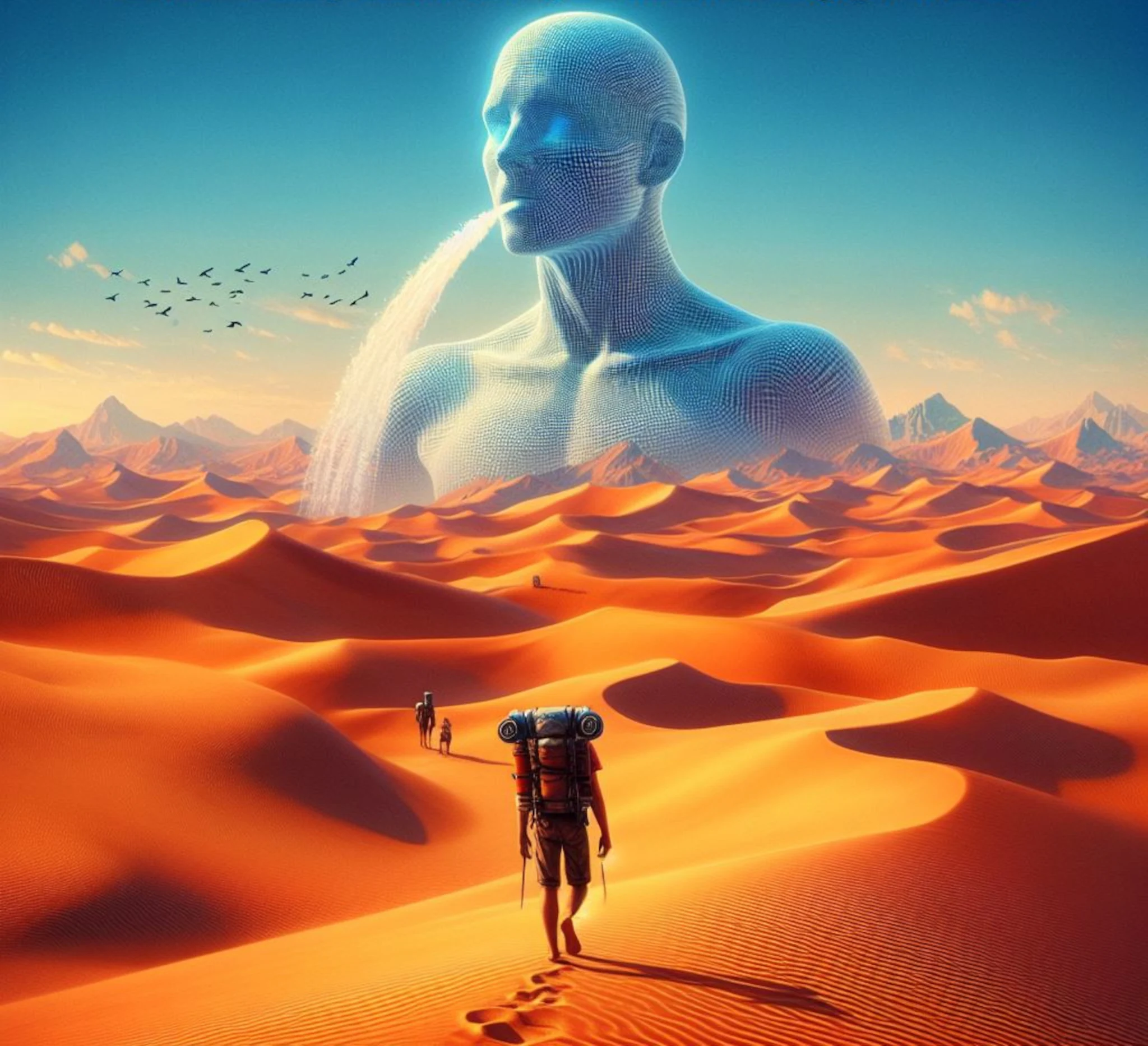 Wanderer heading towards the illusion of an oasis in a scorching desert, as illustrated by DALL·E 3.